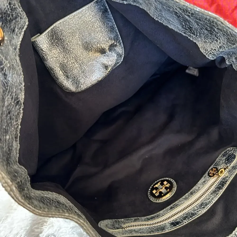 Tory Burch Metallic Silver logo T  tote Shoulder Bag.